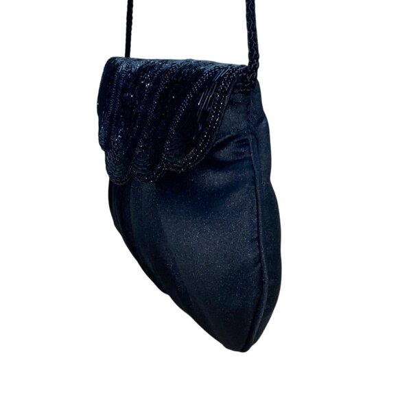Vintage Black Beaded Satin With Scalloped Flap Design & Long Strap Evening Bag - Picture 3 of 8
